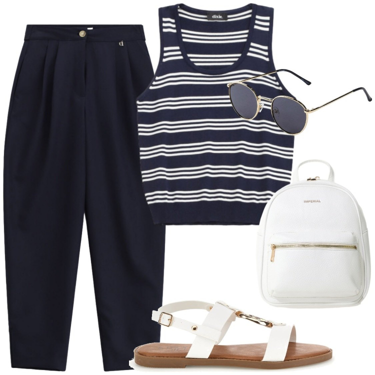 Outfit donna - Oggi visitiamo i musei. Stile Chic per Tutti i giorni. Abbinamento con occhiali da sole, zaini, canottiere, pantaloni, sandali.