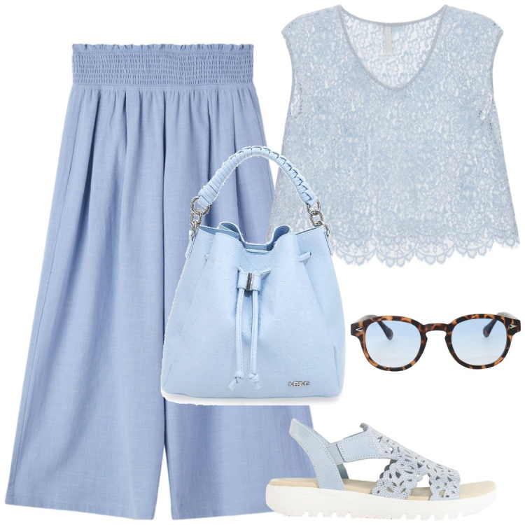 Outfit donna - Una estate italiana. Stile Chic per Tutti i giorni. Abbinamento con sandali col tacco, top, occhiali da sole, pantaloni, borse a secchiello.