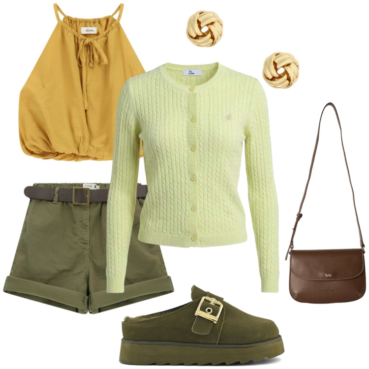 Outfit donna - Serate fresche estive. Stile Sporty chic per Serata fuori. Abbinamento con cardigans, borse a tracolla, shorts, top, orecchini, sabot.