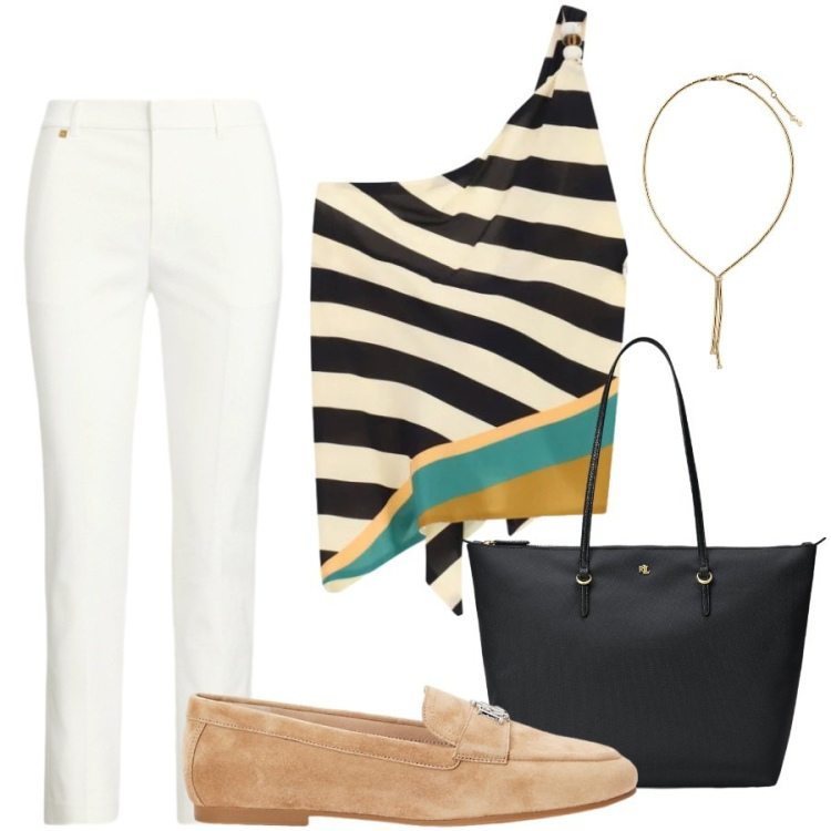 Outfit donna - Total look #2450968. Stile Casual chic per Tutti i giorni. Abbinamento con top, mocassini, pantaloni, borse tote, collane.
