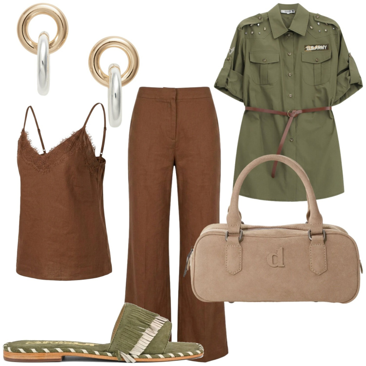 Outfit donna - Alternative. Stile Sporty chic per Tutti i giorni. Abbinamento con camicie, borse a mano, top, pantaloni, orecchini, ciabatte.