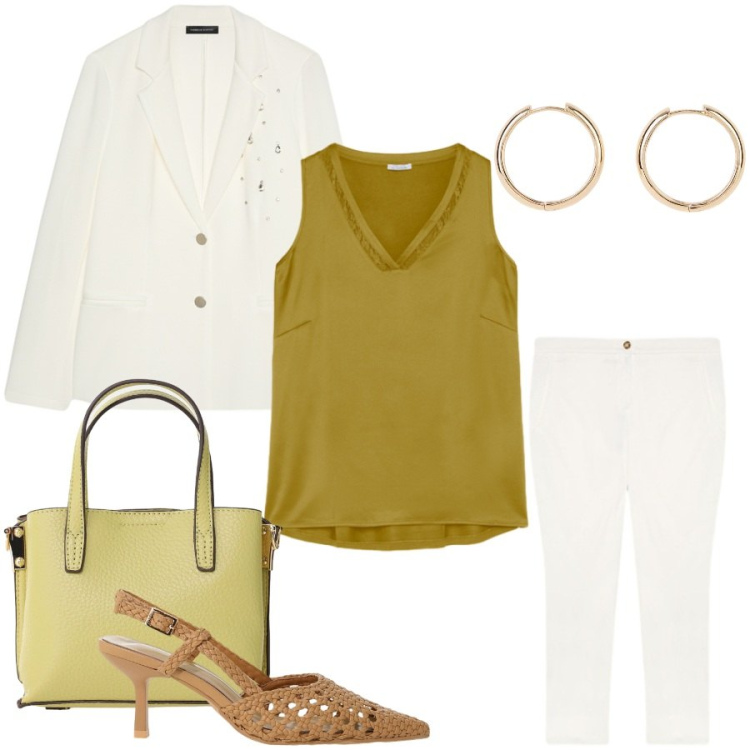 Outfit donna - Total look #2450974. Stile Casual chic per Tutti i giorni. Abbinamento con orecchini, borse a tracolla, décolleté, top, blazer, pantaloni.