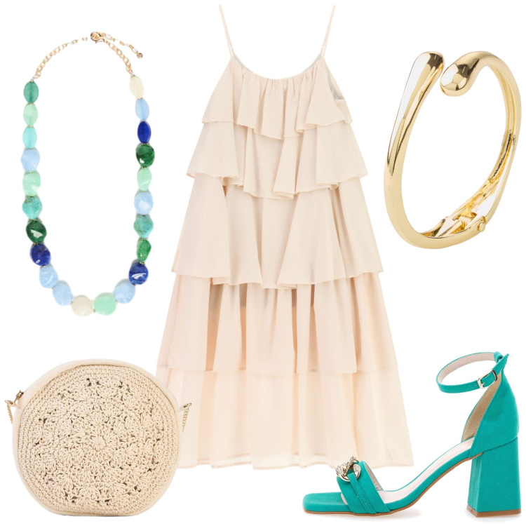 Outfit donna - Dettagli Smeraldo. Stile Chic per Serata fuori. Abbinamento con braccialetti, borse a tracolla, vestiti lunghi, collane, sandali col tacco.