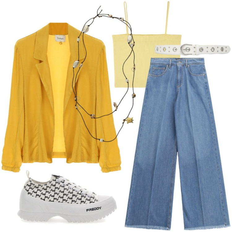 Outfit donna - Total look #2450978. Stile Casual chic per Tutti i giorni. Abbinamento con top, cinture, collane, jeans, blazer, sneakers.