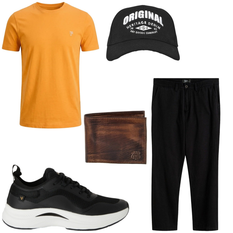 Outfit uomo - Total look #2450985. Stile Trendy per Tutti i giorni. Abbinamento con pantaloni chino, t-shirt, cappelli con visiera, sneakers, portafogli.