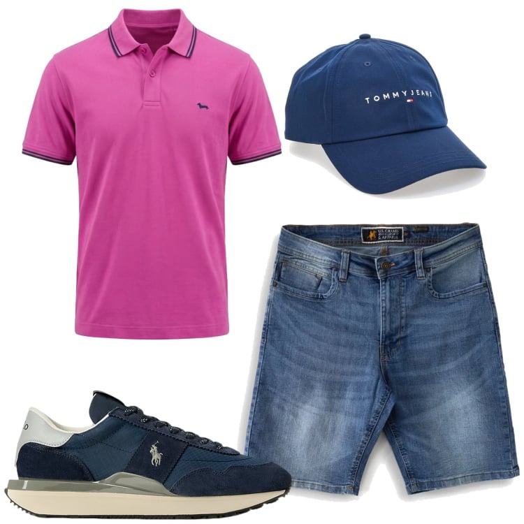 Outfit uomo - Total look #2450987. Stile Casual per Tutti i giorni. Abbinamento con polo, sneakers, cappelli con visiera, bermuda.