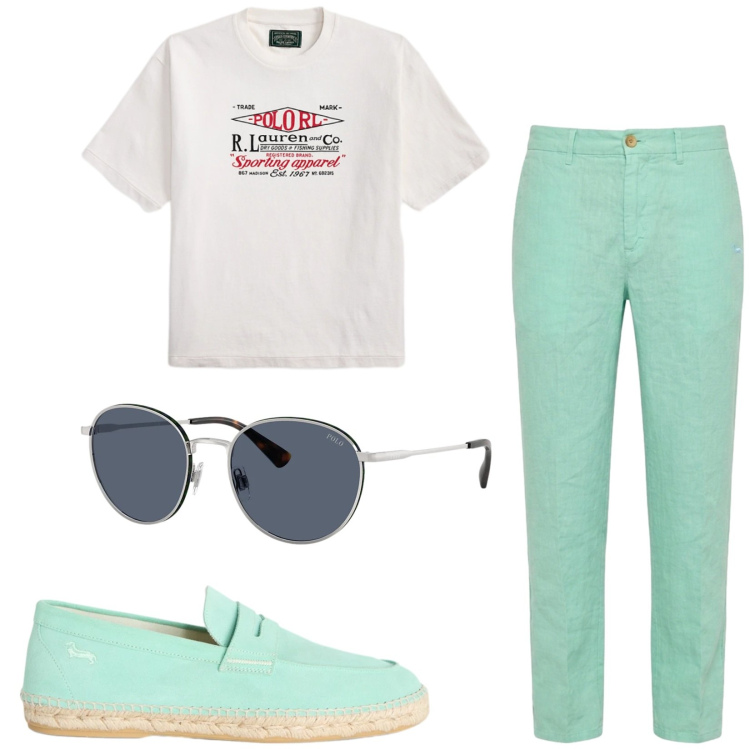 Outfit uomo - Total look #2450988. Stile Casual per Tutti i giorni. Abbinamento con espadrillas, pantaloni chino, occhiali da sole, t-shirt.