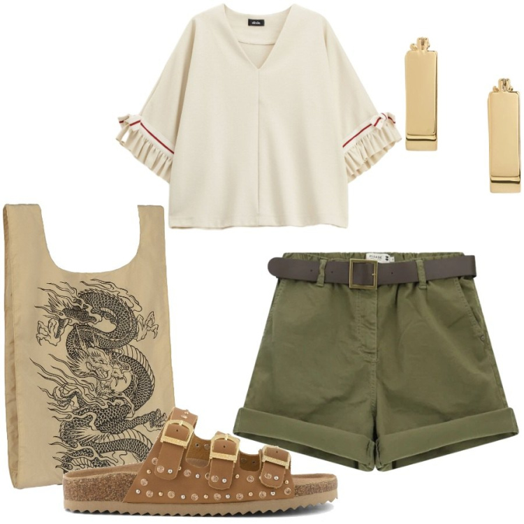 Outfit donna - Total look #2450990. Stile Casual chic per Tutti i giorni. Abbinamento con shorts, felpe, orecchini, shopping bag, sandali.