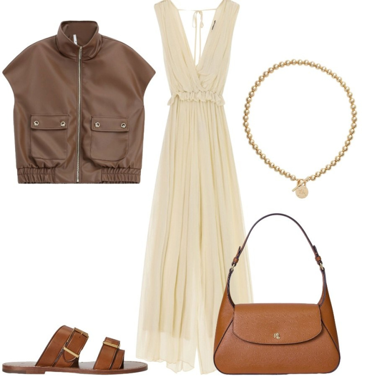 Outfit donna - Total look #2450995. Stile Glamour per Tutti i giorni. Abbinamento con tute, giacche, collane, sandali in pelle, borse a spalla.