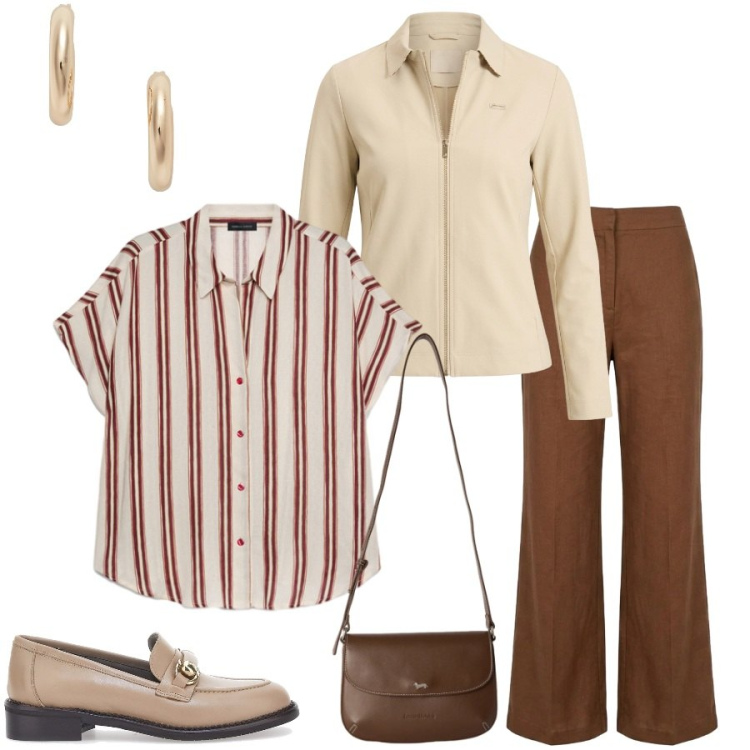 Outfit donna - Total look #2450997. Stile Casual chic per Tutti i giorni. Abbinamento con borse a tracolla, pantaloni, camicie a manica corta, felpe, orecchini, mocassini.