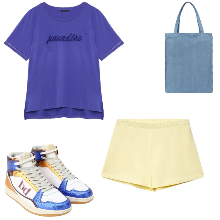 Outfit donna - Total look #2451001. Stile Sporty chic per Sport. Abbinamento con borse tote, shorts, sneakers alte, t-shirt.