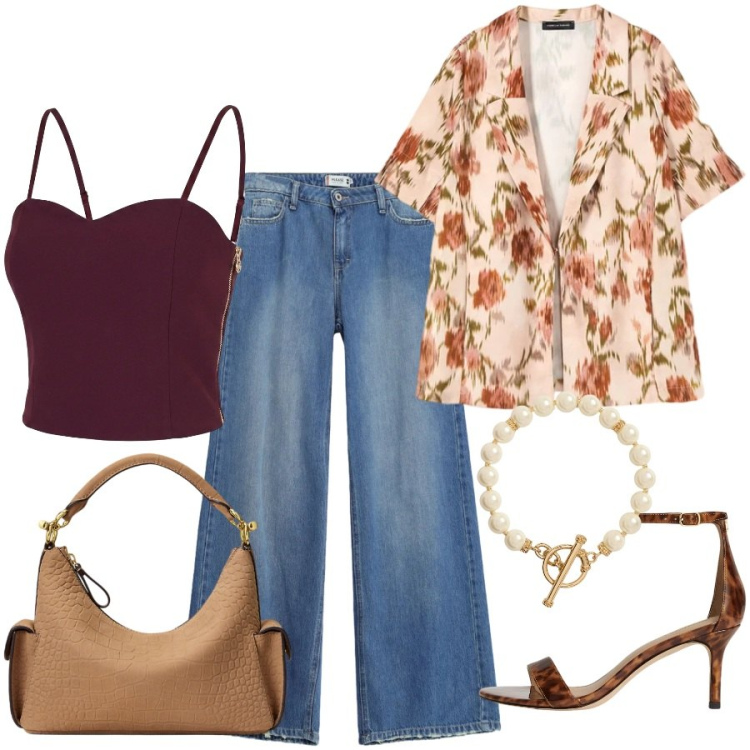 Outfit donna - Total look #2451005. Stile Casual chic per Tutti i giorni. Abbinamento con jeans, top, blazer, collane, sandali in pelle, borse a spalla.
