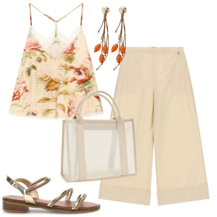 Outfit donna - Agosto. Stile Casual chic per Tutti i giorni. Abbinamento con borse tote, orecchini, top, pantaloni a palazzo, sandali col tacco.