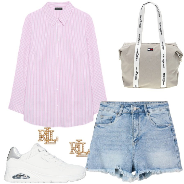 Outfit donna - Total look #2451009. Stile Casual chic per Tutti i giorni. Abbinamento con shorts, camicie, orecchini, shopping bag, sneakers.