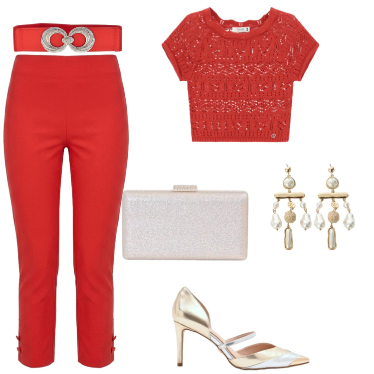 Outfit donna - Total look #2451011. Stile Chic per Serata fuori. Abbinamento con orecchini, pantaloni, clutch, décolleté, top, cinture.