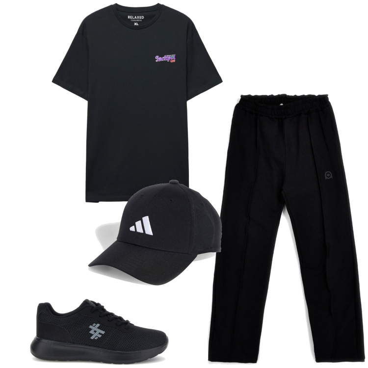 Outfit uomo - Total look #2451013. Stile Trendy per Sport. Abbinamento con t-shirt, cappelli con visiera, sneakers, pantaloni.