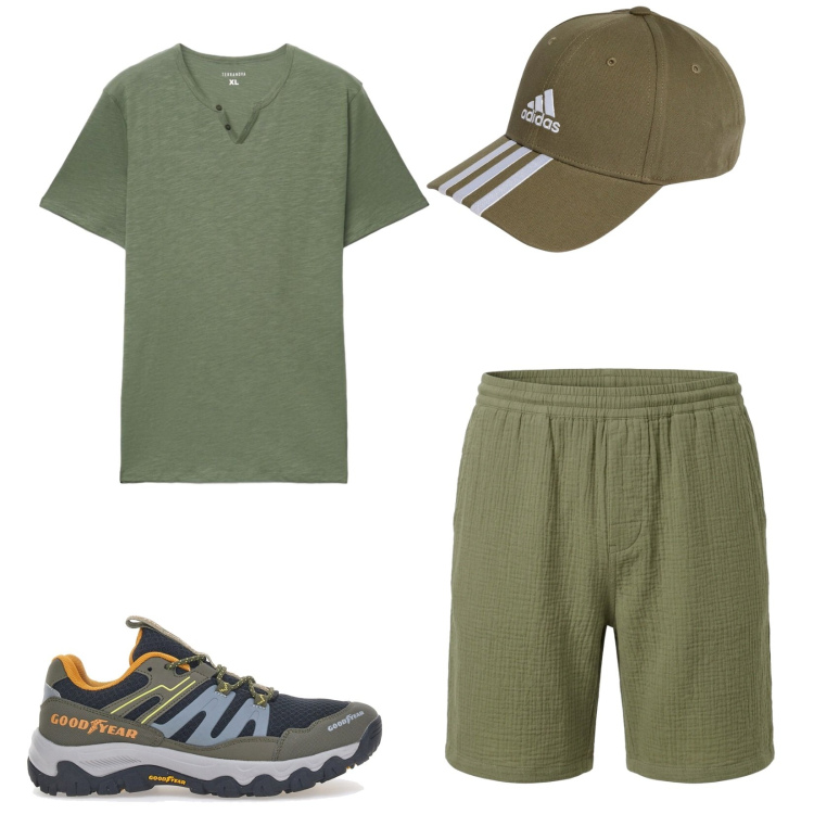 Outfit uomo - Total look #2451015. Stile Casual per Sport. Abbinamento con pantaloni corti, t-shirt, cappelli con visiera, stivali e stivaletti.