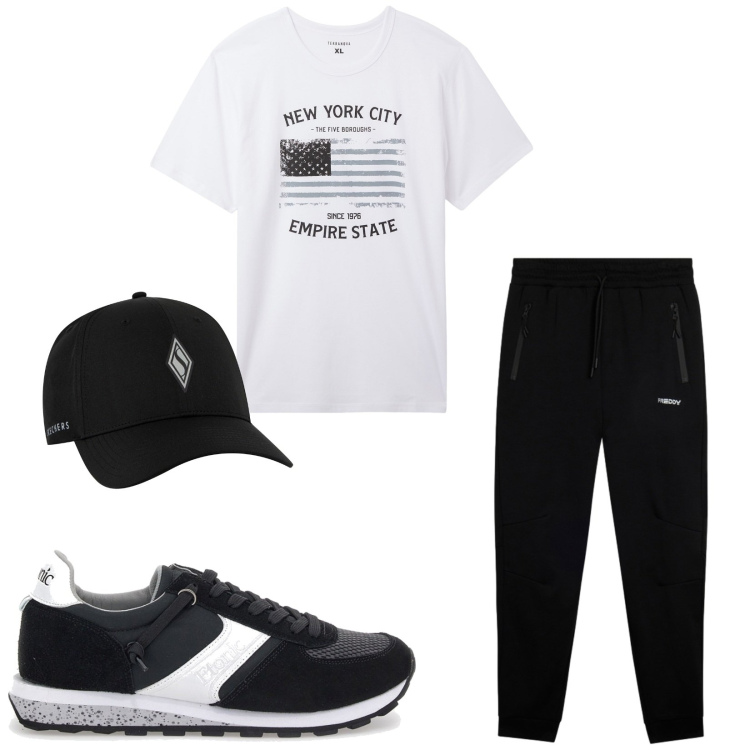 Outfit uomo - Total look #2451016. Stile Casual per Sport. Abbinamento con t-shirt, pantaloni, cappelli con visiera, sneakers.