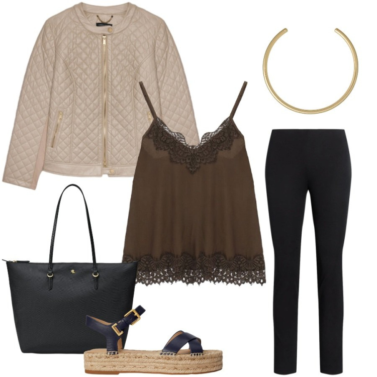 Outfit donna - Total look #2451017. Stile Casual chic per Tutti i giorni. Abbinamento con top, giacche, pantaloni skinny, borse tote, espadrillas, collane.