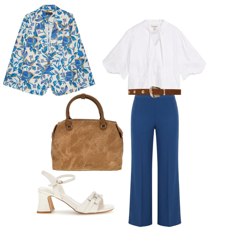 Outfit donna - Look da tutti i giorni. Stile Casual chic per Tutti i giorni. Abbinamento con tuniche, cinture, pantaloni a palazzo, blazer, sandali col tacco, borse a tracolla.