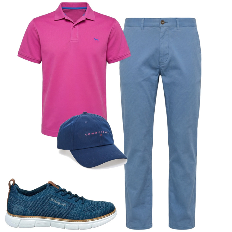 Outfit uomo - Agosto in città. Stile Urban per Tutti i giorni. Abbinamento con polo, pantaloni, sneakers, cappelli con visiera.