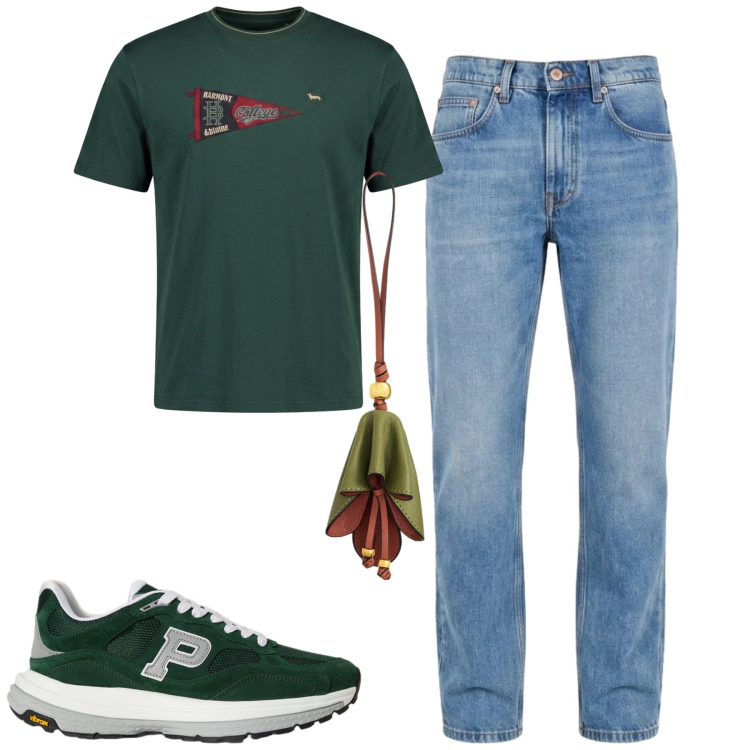 Outfit uomo - Total look #2451022. Stile Casual per Tutti i giorni. Abbinamento con t-shirt, jeans, portachiavi, sneakers.