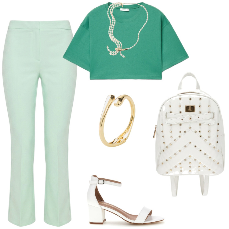 Outfit donna - Total look #2451023. Stile Casual chic per Tutti i giorni. Abbinamento con braccialetti, t-shirt, collane, pantaloni, sandali col tacco, zaini.