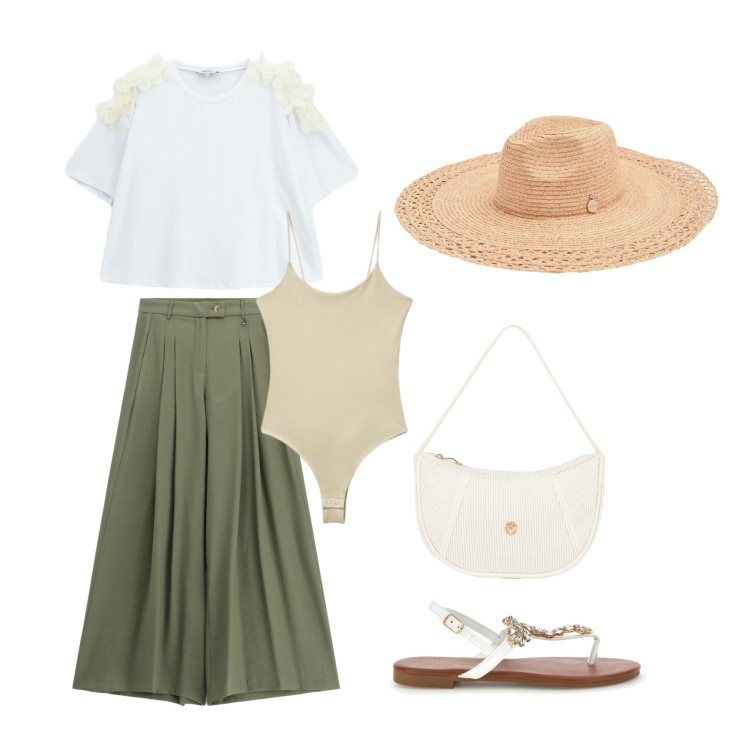 Outfit donna - Aperitivo al mare. Stile Casual per Serata fuori. Abbinamento con canottiere, t-shirt, pantaloni a palazzo, cappelli, borse a mano, sandali gioiello.
