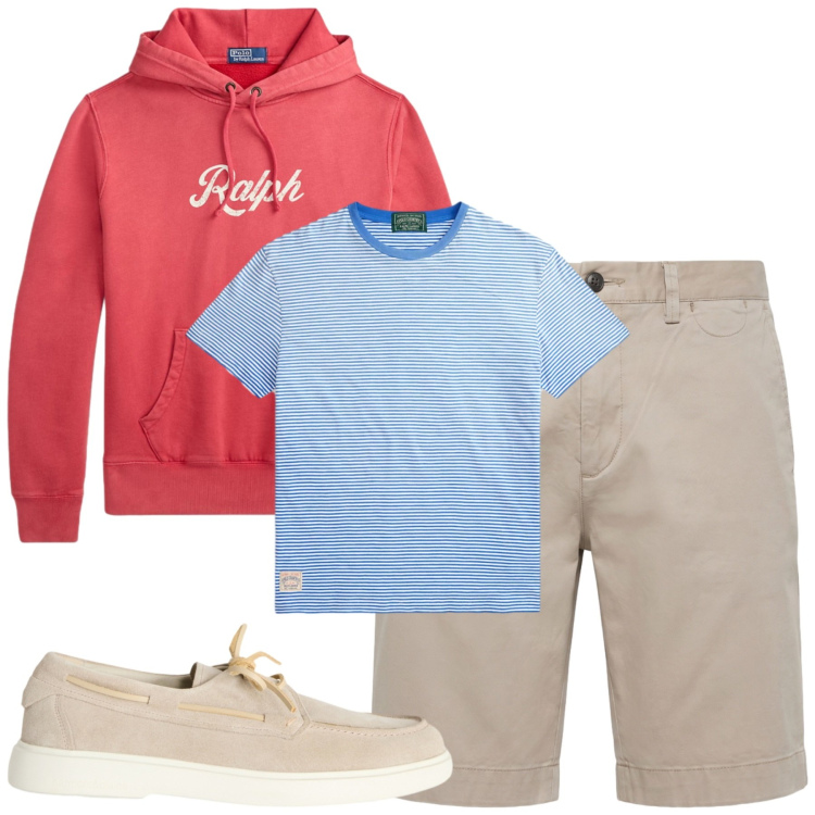 Outfit uomo - Total look #2451026. Stile Casual per Tutti i giorni. Abbinamento con scarpe stringate, bermuda, t-shirt, felpe con cappuccio.