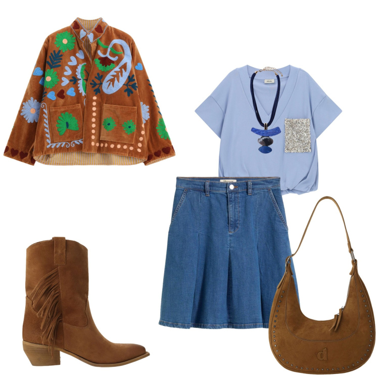 Outfit donna - Total look #2451027. Abbinamento con minigonne, borse a spalla, stivali, t-shirt, blazer, ciondoli.
