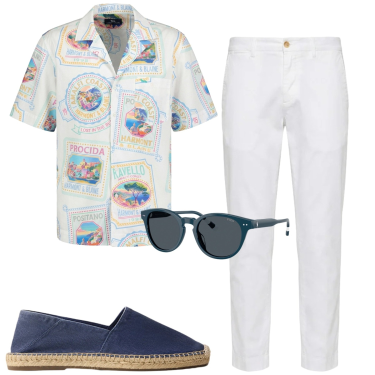 Outfit uomo - Al mare. Stile Casual per Mare. Abbinamento con pantaloni chino, camicie a manica corta, occhiali da sole, espadrillas.