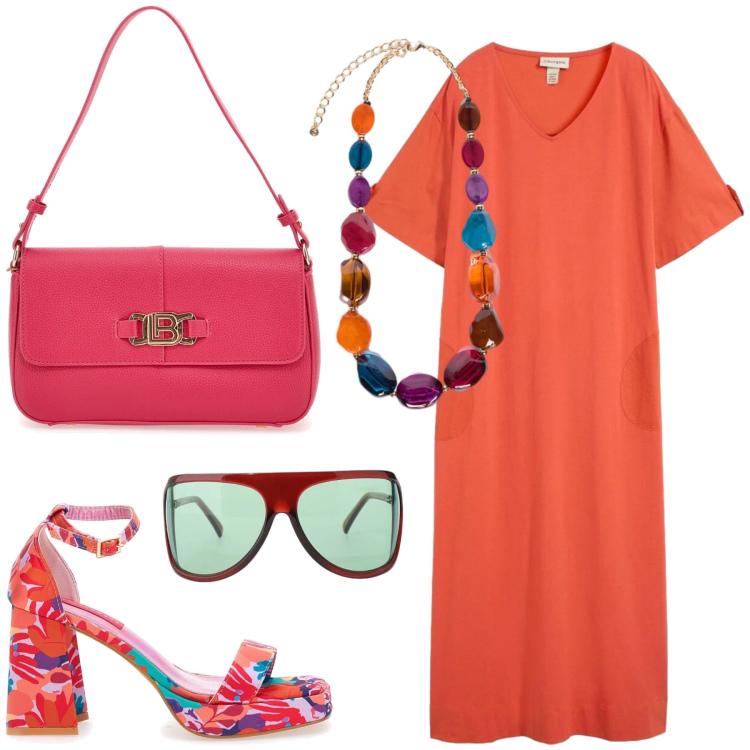 Outfit donna - Aranciata frizzante. Stile Casual chic per Serata fuori. Abbinamento con vestiti chemisier, occhiali da sole, collane, borse a spalla, sandali col tacco.