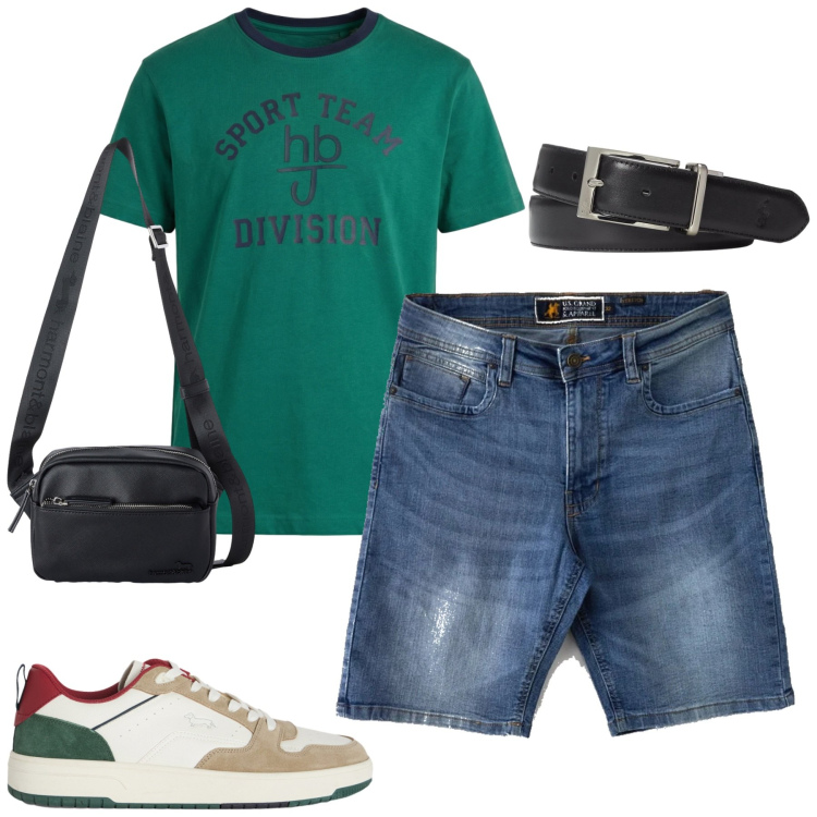 Outfit uomo - Agosto. Stile Casual per Tutti i giorni. Abbinamento con sneakers, t-shirt, borse sportive, cinture, bermuda.