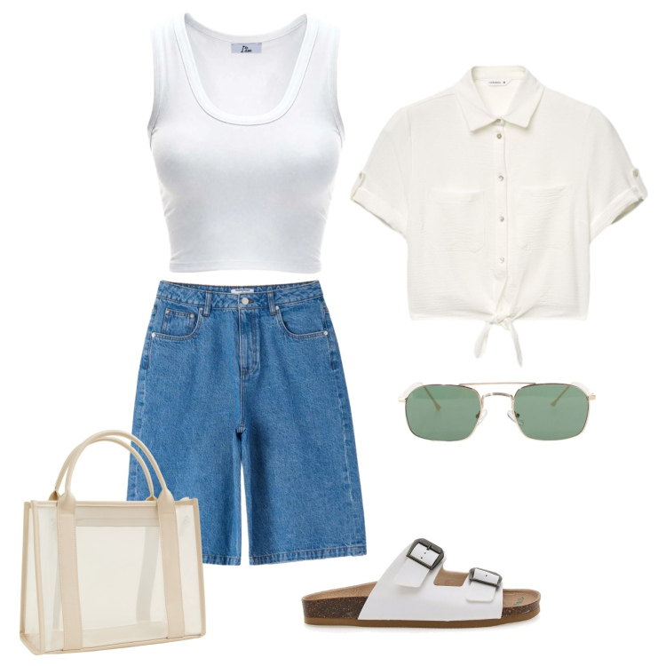 Outfit donna - Un look per tutti i giorni. Stile Casual per Tutti i giorni. Abbinamento con bermuda, borse tote, camicie a manica corta, canottiere, occhiali da sole, ciabatte.