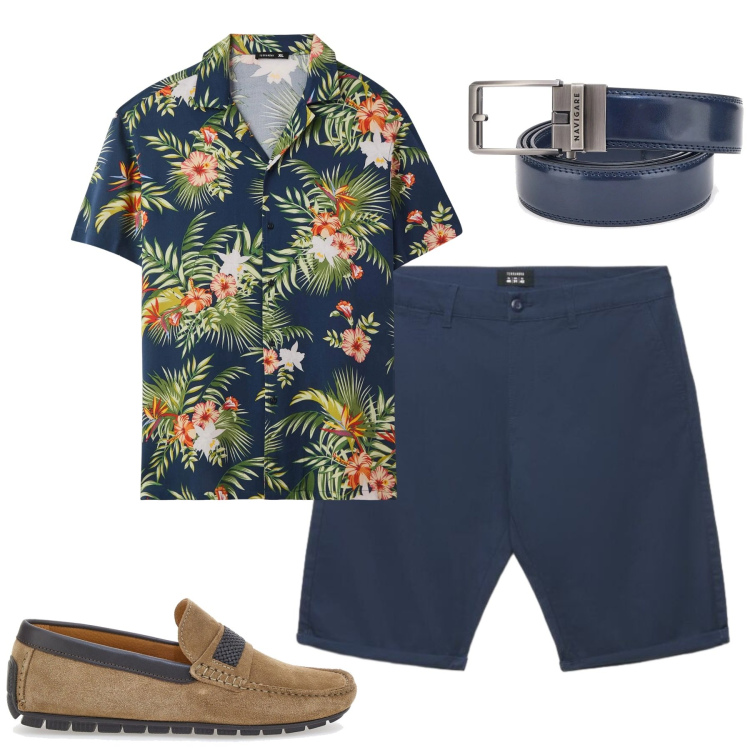 Outfit uomo - Agosto. Stile Casual per Mare. Abbinamento con camicie a manica corta, pantaloni corti, scarpe stringate, cinture.