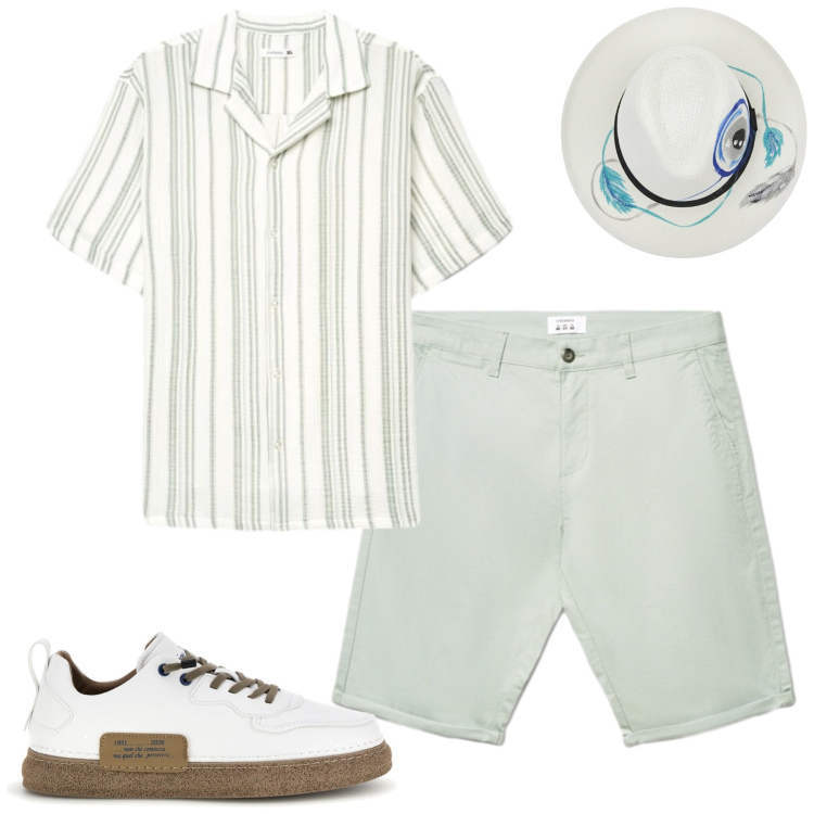 Outfit uomo - Agosto. Stile Casual per Tutti i giorni. Abbinamento con shorts, camicie a manica corta, sneakers, cappelli.