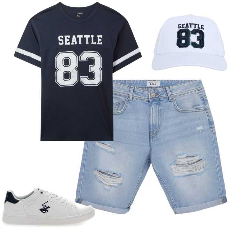 Outfit uomo - Total look #2451043. Stile Casual per Tutti i giorni. Abbinamento con cappelli con visiera, bermuda, t-shirt, sneakers.