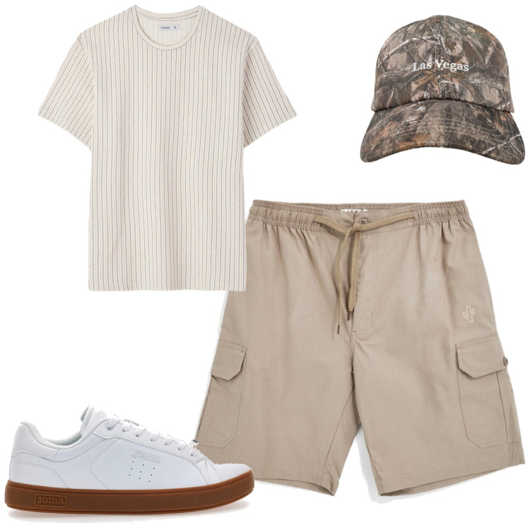 Outfit uomo - Total look #2451044. Stile Casual per Tutti i giorni. Abbinamento con cappelli con visiera, t-shirt, sneakers, bermuda.