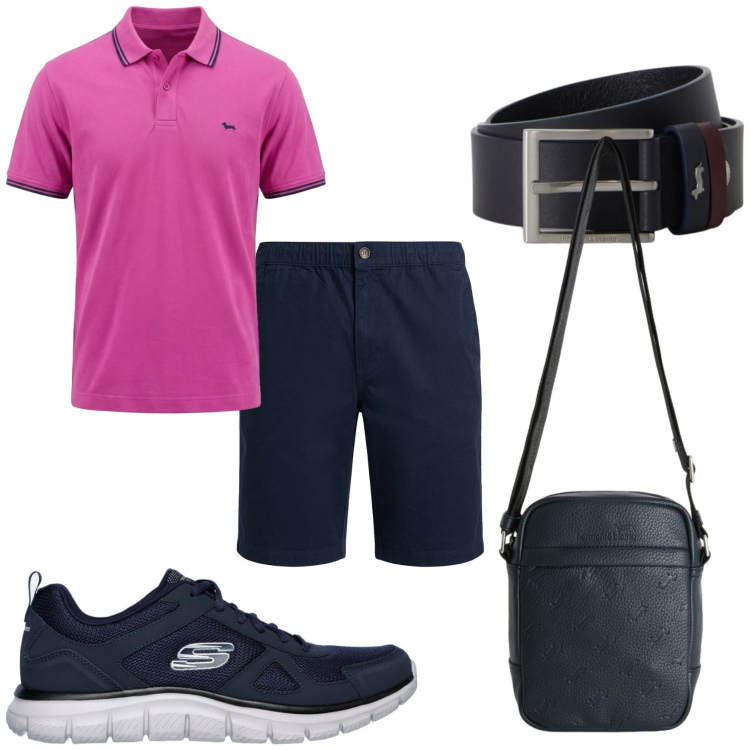 Outfit uomo - Serata al mare. Stile Trendy per Tutti i giorni. Abbinamento con borse sportive, polo, bermuda, cinture, sneakers.