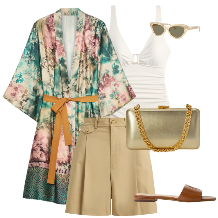 Outfit donna - Sunset on the beach. Stile Casual chic per Mare. Abbinamento con kimono, ciabatte, occhiali da sole, clutch, bermuda, costumi interi.