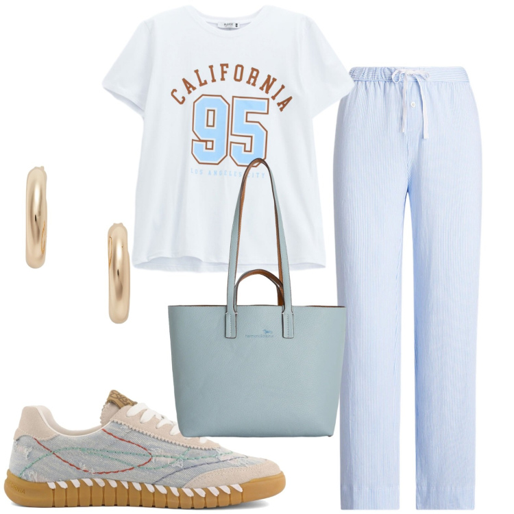 Outfit donna - Casual. Stile Casual per Tutti i giorni. Abbinamento con shopping bag, t-shirt sportive, orecchini, pantaloni, sneakers.
