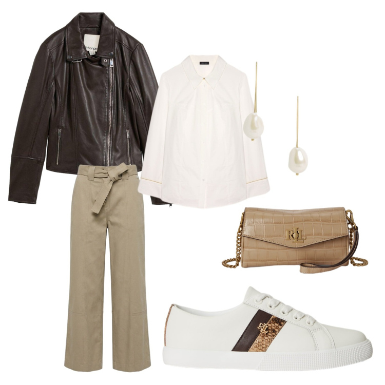 Outfit donna - Un thè con le amiche. Stile Sporty chic per Tutti i giorni. Abbinamento con giacche, pantaloni, camicie, sneakers, orecchini, portafogli.