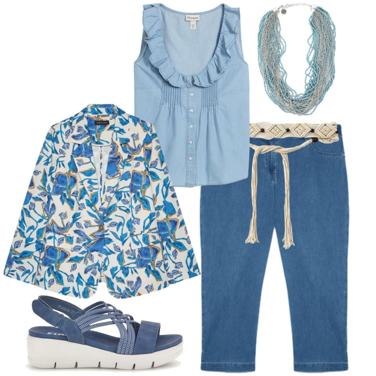 Outfit donna - In città. Stile Casual per Tutti i giorni. Abbinamento con top, collane, cinture, blazer, jeans dritti, sandali.