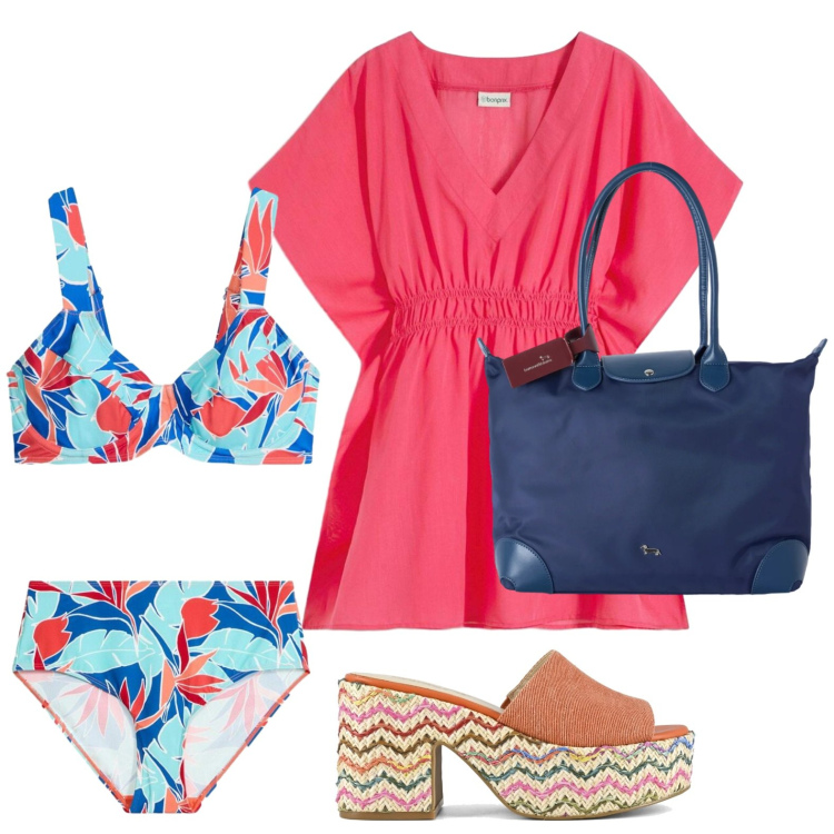 Outfit donna - Caftani e kimono leggeri. Stile Romantica per Mare. Abbinamento con vestiti da spiaggia, bikini, shopping bag, sandali col tacco.