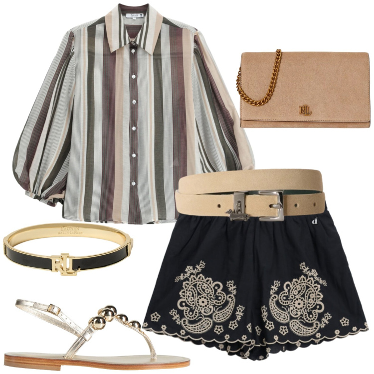Outfit donna - In vacanza. Stile Casual per Tutti i giorni. Abbinamento con infradito, cinture, camicie, shorts, braccialetti, borse a tracolla.