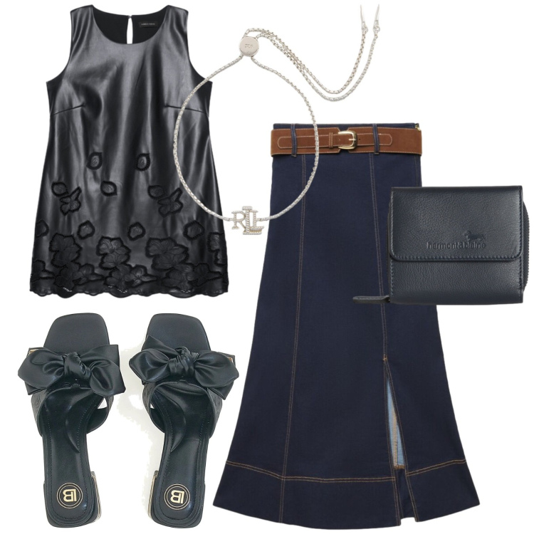 Outfit donna - Black. Stile Casual chic per Serata fuori. Abbinamento con portafogli, gonne lunghe, vestiti corti, braccialetti, ciabatte.