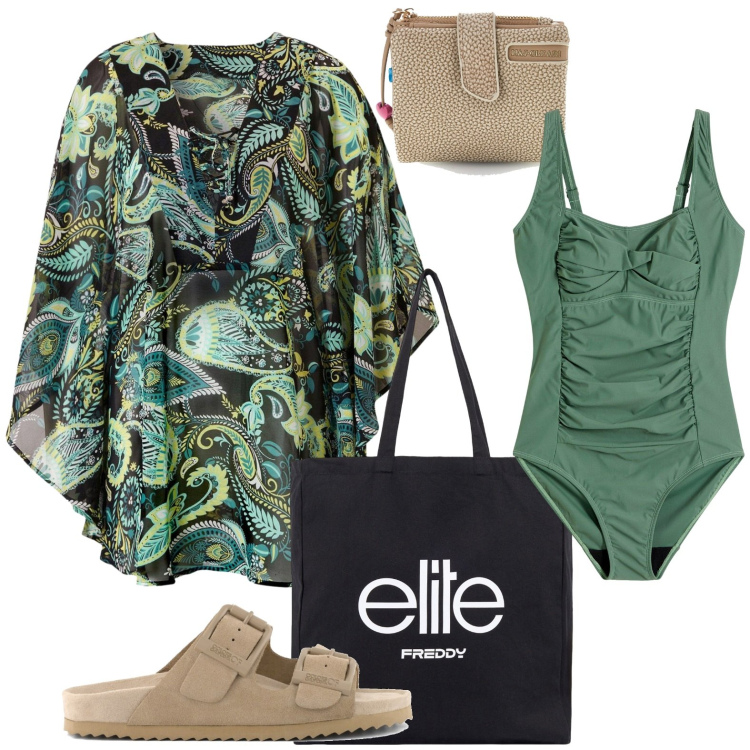 Outfit donna - Caftani e kimono leggeri. Stile Glamour per Mare. Abbinamento con costumi interi, vestiti da spiaggia, shopping bag, sandali in pelle, portafogli.