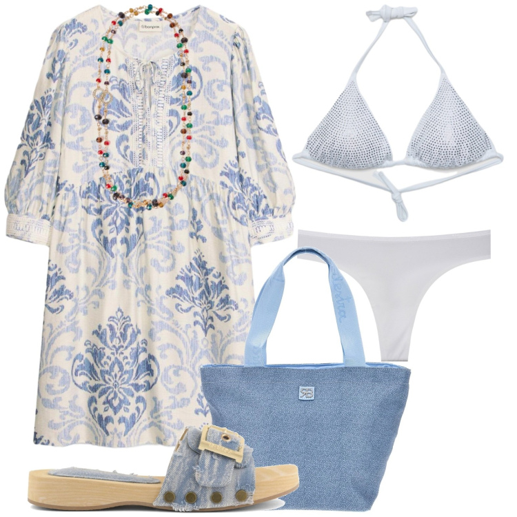 Outfit donna - In vacanza a mare. Stile Casual per Mare. Abbinamento con vestiti corti, bikini, collane, perizomi, ciabatte, shopping bag.