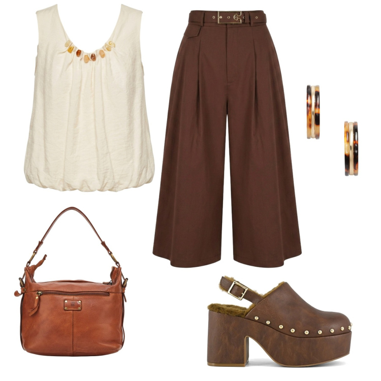 Outfit donna - Fresco e leggero per tutti i giorni. Stile Casual per Tutti i giorni. Abbinamento con top, pantaloni capri, orecchini, borse a spalla, sabot.