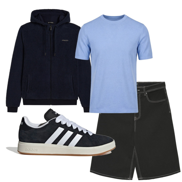 Outfit uomo - Total look #2451063. Stile Urban per Tutti i giorni. Abbinamento con t-shirt, pantaloni corti, felpe con cappuccio, sneakers.